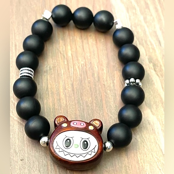 Black Obsidian with Labubu Charm Beaded Bracelet - Picture 6 of 6